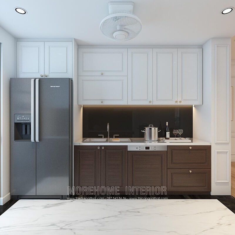 Nội thất phòng bếp được trang trí bằng các tủ bếp hiện đại và tinh tế.