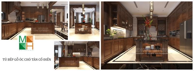 Để tạo nên một không gian gian bếp ấm cúng và sang trọng, mẫu thiết kế tủ bếp bằng gỗ óc chó tân cổ điển là không thể thiếu.